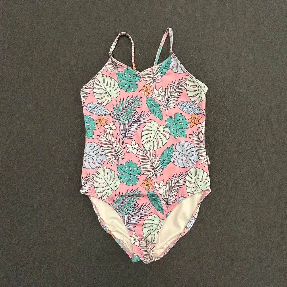Quince Girls Size 7 One Piece Swimsuit Pink Tropical Leaf Floral Print